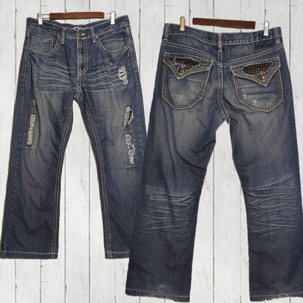 Distressed Studded Flap Pocket Mens Jeans 36x32 Y2K Grunge Biker Whiskered